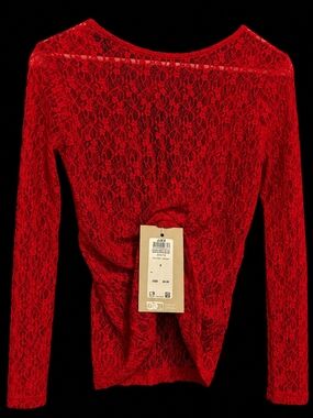 JJXX Red Lace Long Sleeve Sheer Top Size Small NWT